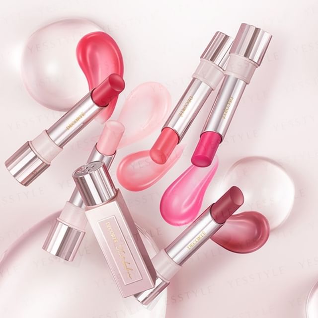 Kose DECORTE Tinted Plumper: Close-up of the product and swatches showing the natural tint and plumping effect.