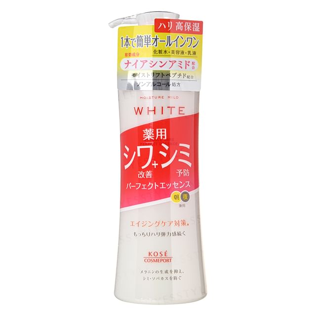 Kose Moisture Mild White Wrinkle Care Essence Lotion bottle on a clean, bright surface, showcasing its packaging and texture.