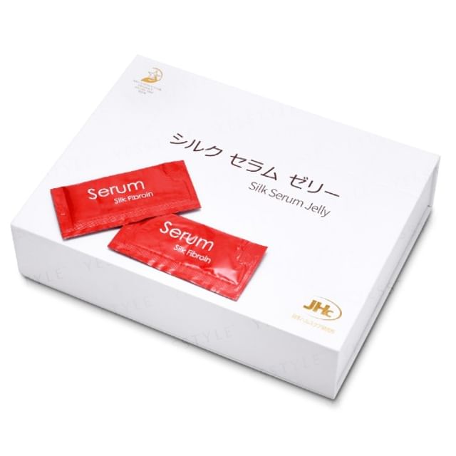 Japan Healthcare Institute Silk Serum Jelly in jar and application to skin for demonstration.