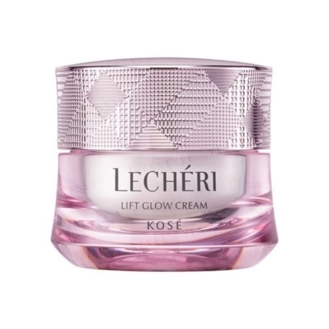 Kose Lecheri Lift Glow Cream jar and product application, showing radiant and firm skin.