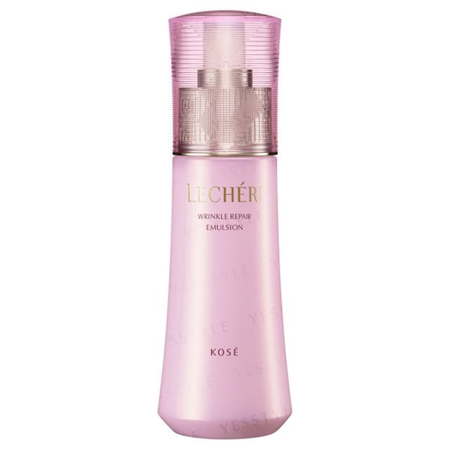 Kose Lecheri Wrinkle Repair Emulsion bottle showcasing the product's anti-aging benefits.