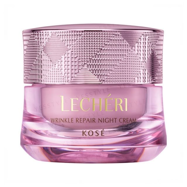 Kose Lecheri Wrinkle Repair Night Cream - Close-up of the jar showcasing its rich texture and anti-aging benefits.