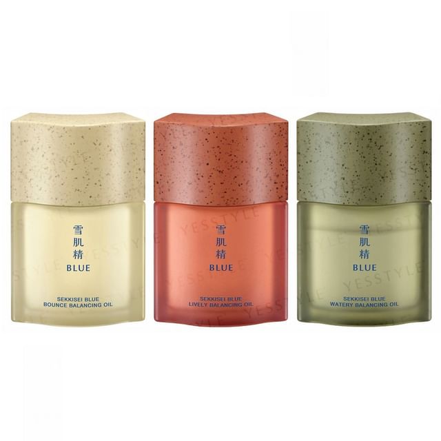 Kose Sekkisei Blue Balancing Oil bottle and product application on skin.