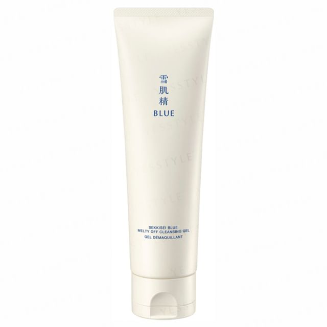 Kose Sekkisei Blue Melty Off Cleansing Gel bottle and dispensed gel on hand.
