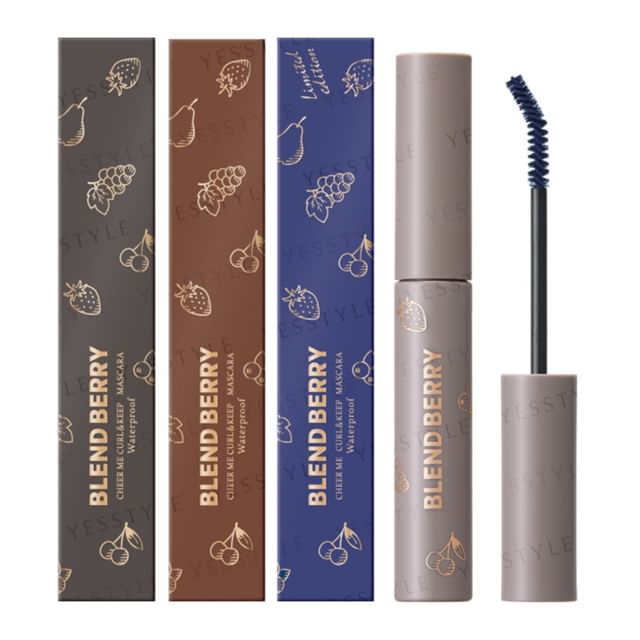 Kose Blend Berry Cheer Me Curl & Keep Mascara Waterproof - close up of wand and before/after lash transformation