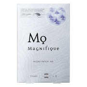 Kose Magnifique Micro Patch HA close up showing micro-needles, Kose Magnifique Micro Patch HA packaging, Woman applying Kose Magnifique Micro Patch HA under eye