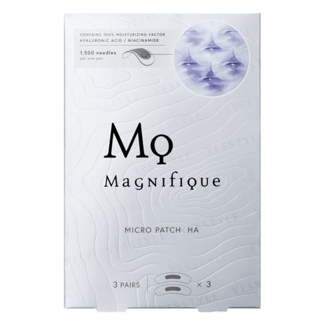 Kose Magnifique Micro Patch HA close up showing micro-needles, Kose Magnifique Micro Patch HA packaging, Woman applying Kose Magnifique Micro Patch HA under eye