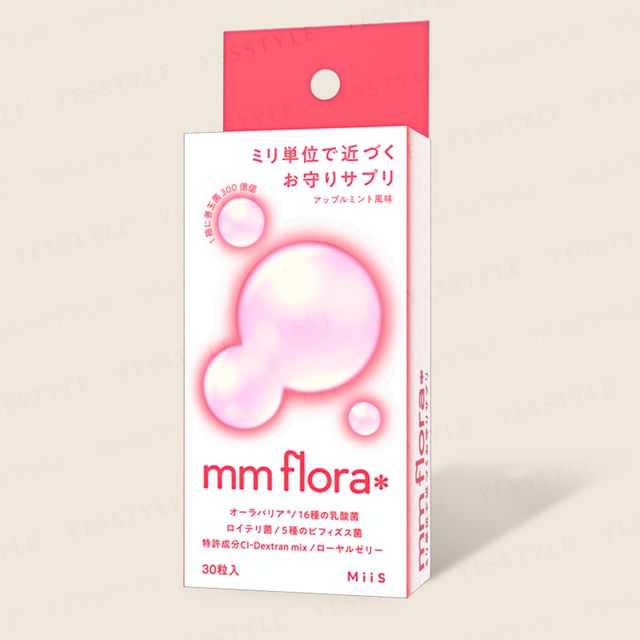 MiiS mm Flora Oral Supplement: A natural way to fresh breath and a healthy oral microbiome. Close-up of the tablet and packaging.