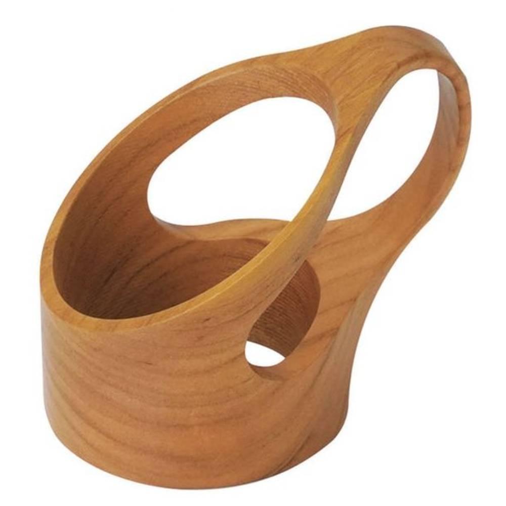 Hand-carved Japanese cherry wood cup holder showcasing natural wood grain and artisan craftsmanship