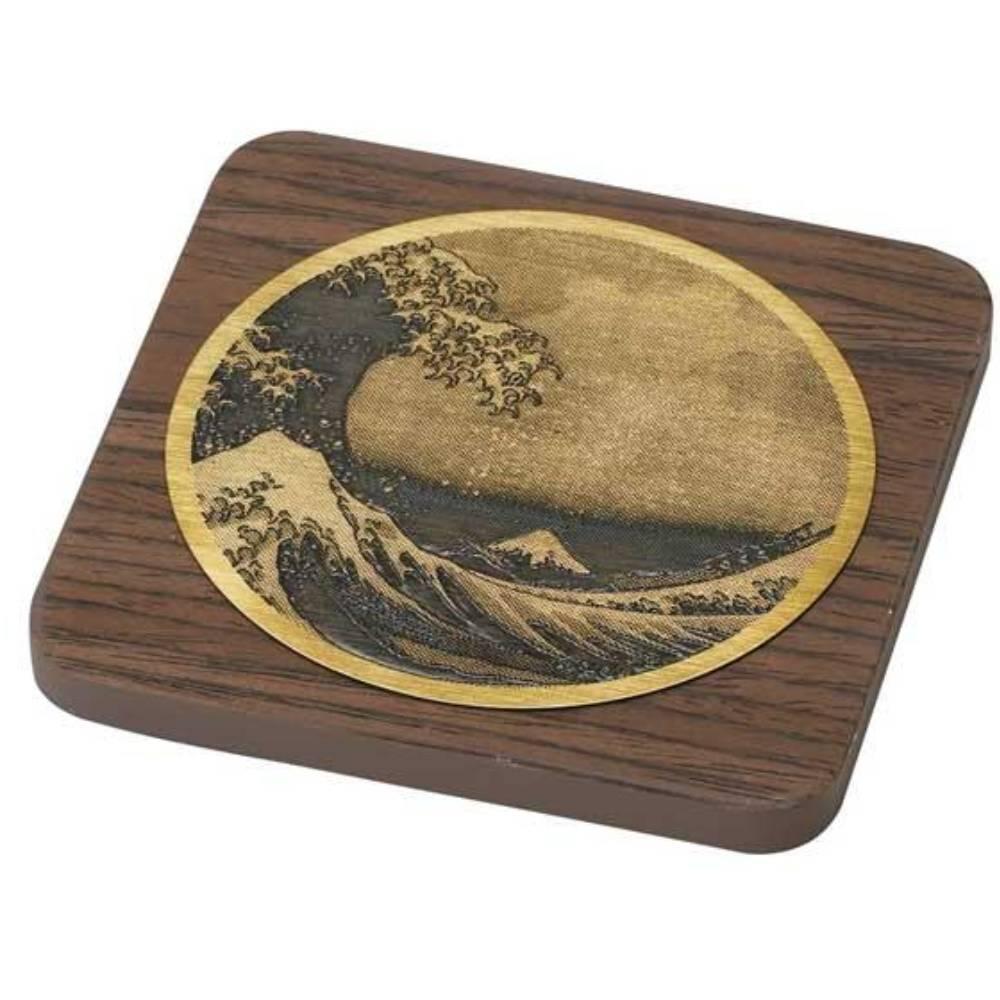 Yamaco Brass Wood Coaster with Great Wave Ukiyo-e Design