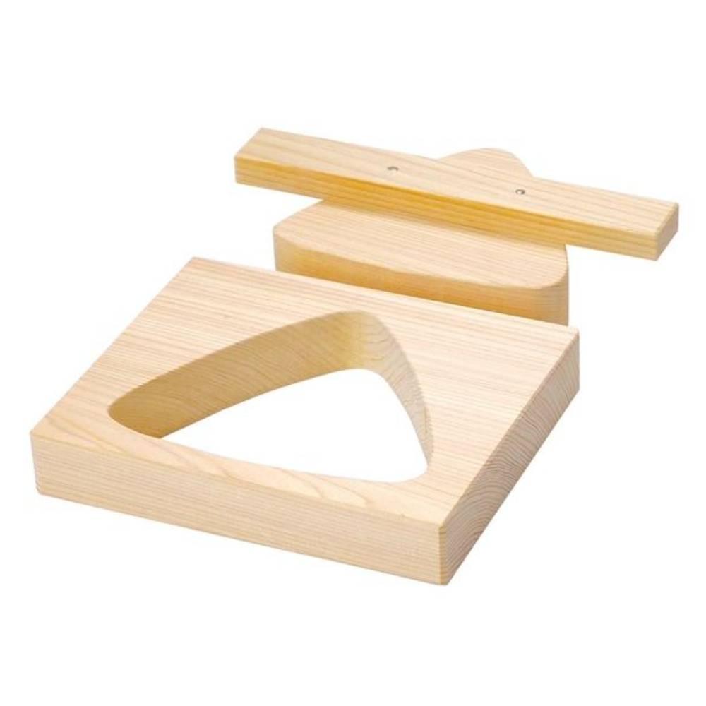 Yamaco Extra-Large 18.2cm Hinoki Wood Onigiri Mold showing the natural grain of the Japanese cypress and the two-piece press construction.