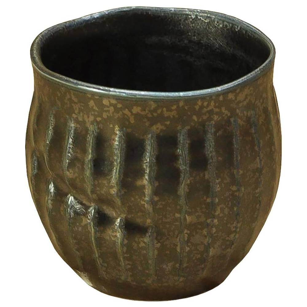 Handcrafted Japanese Minoware teacup with a rustic brown textured body and metallic silver glaze rim
