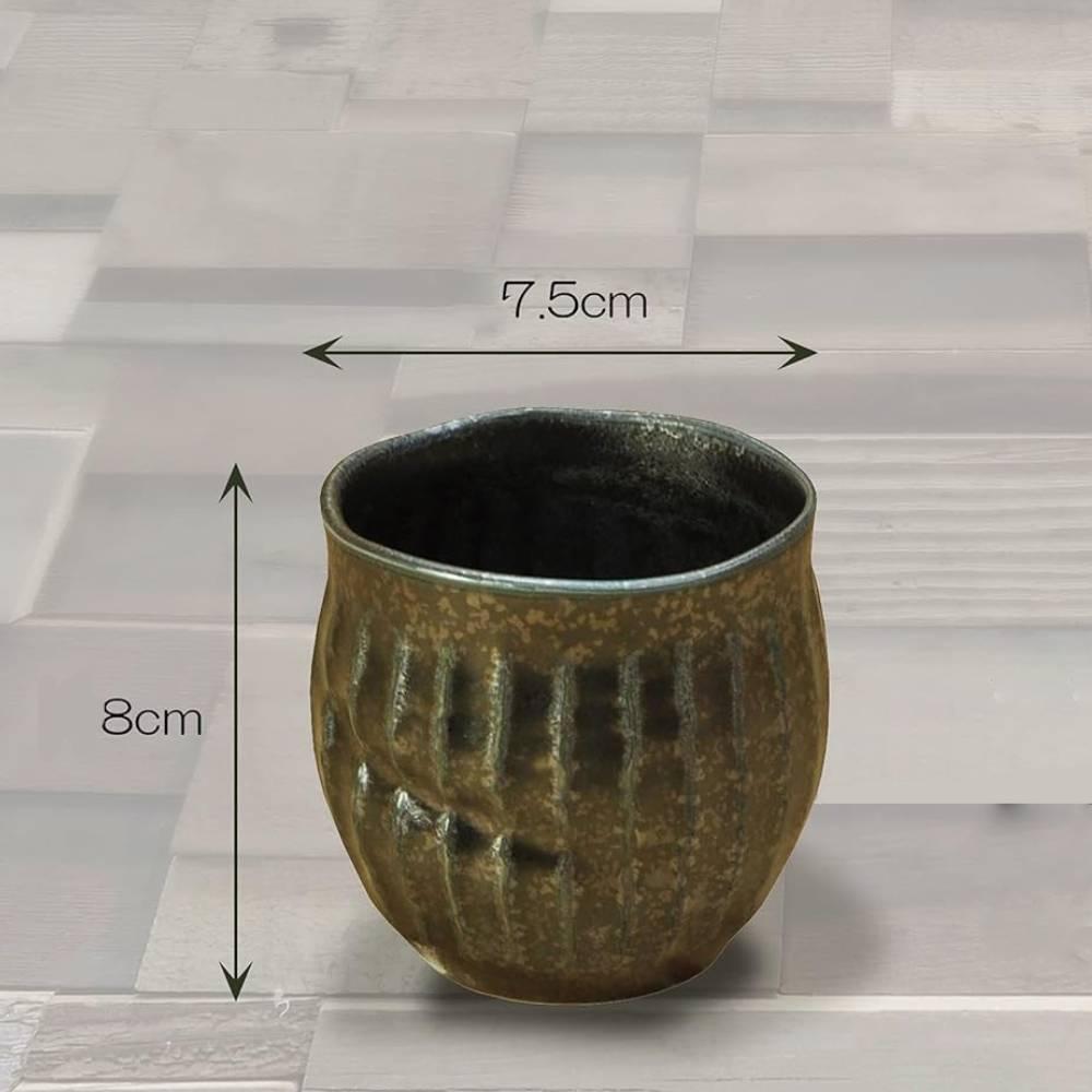 Rustic Handcrafted Japanese Minoware Porcelain Teacup Brown Silver