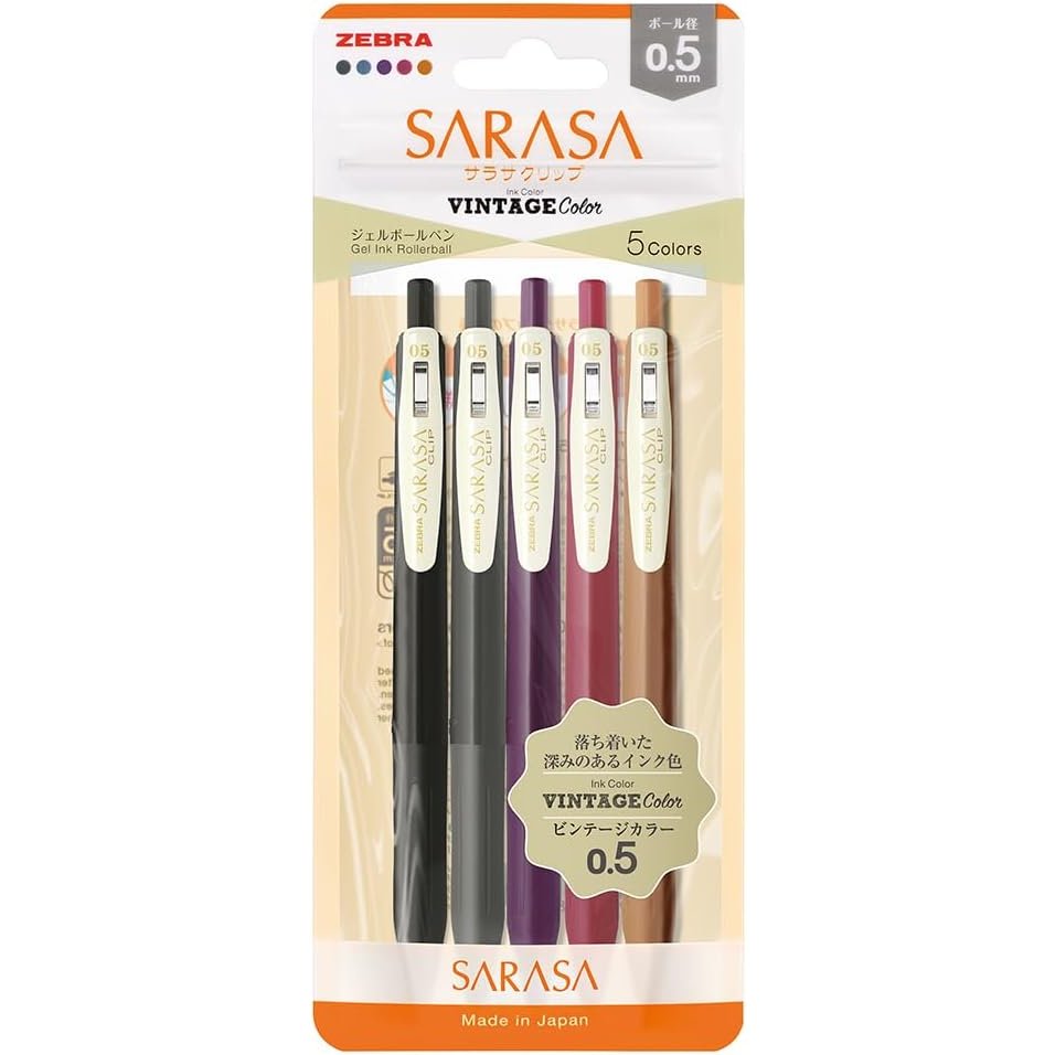 Zebra Sarasa Clip Vintage Color Gel Ink Pens 5-pack showing 0.5mm tips and muted ink colors