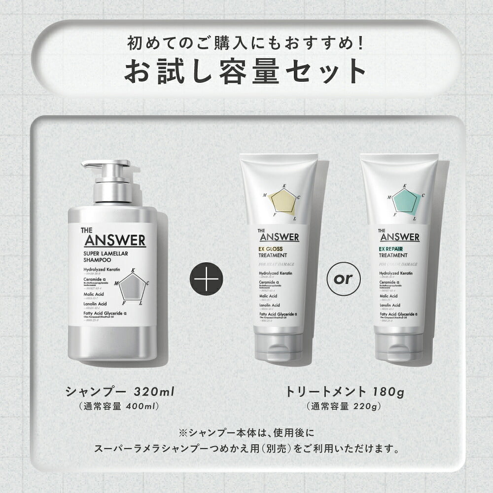 THE ANSWER Super Lamellar Shampoo 320 mL and EX Treatment 180 g Trial-Volume Pair, For Heat Damage or Color Damage