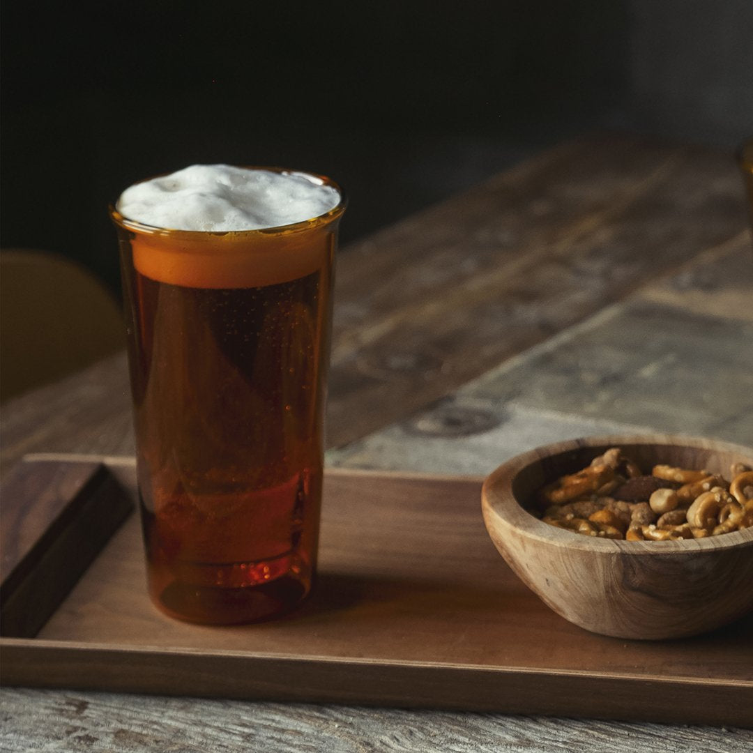 KINTO CAST AMBER Double-Wall Glass 340 mL, Amber Double-Wall Heat-Resistant Glass 340 mL for beer or cold drinks, Rated for Hot Water, Microwave and Dishwasher Safe, Made in China, 8.5 x 8.5 x 14.5 cm and 210 g, Amber