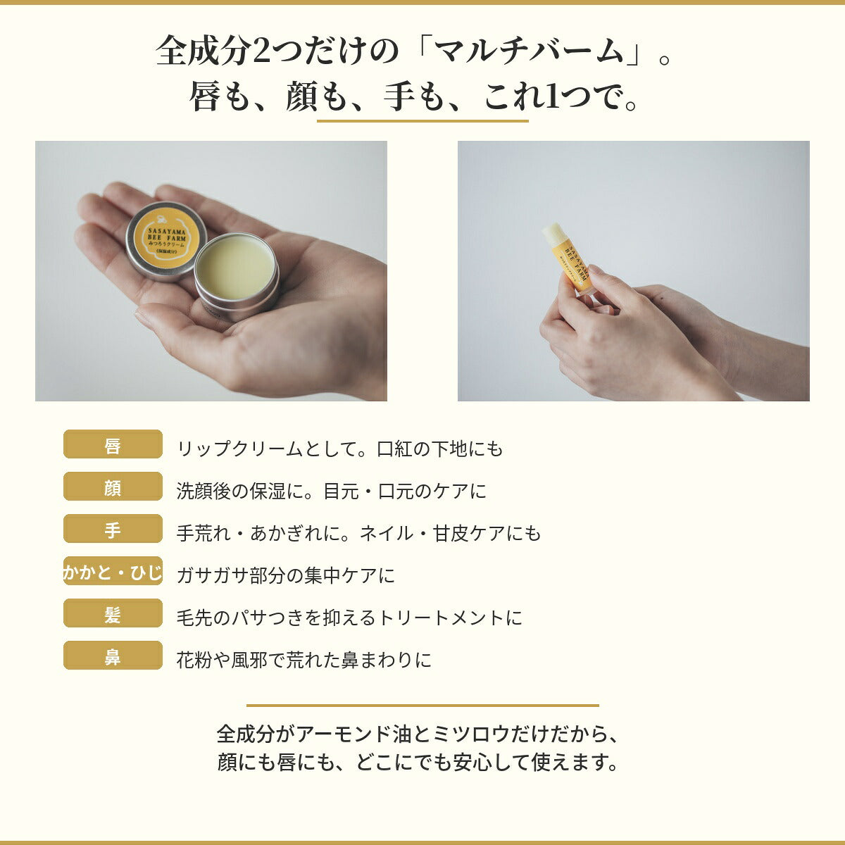 Two-Ingredient Beeswax Balm Made by a Beekeeper, Almond Oil and Japanese Beeswax, Cream Tin 10 g or Lip Stick 6 g, Made in Japan
