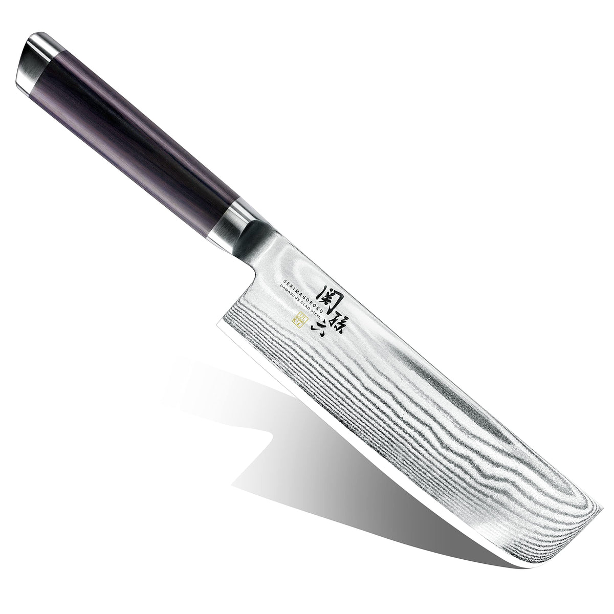 KAI Seki Magoroku Damascus — Nakiri 165 mm — Full exact knife on white, showing blade profile, layered steel pattern, dark wood handle, steel bolster and endcap; no accessory shown.