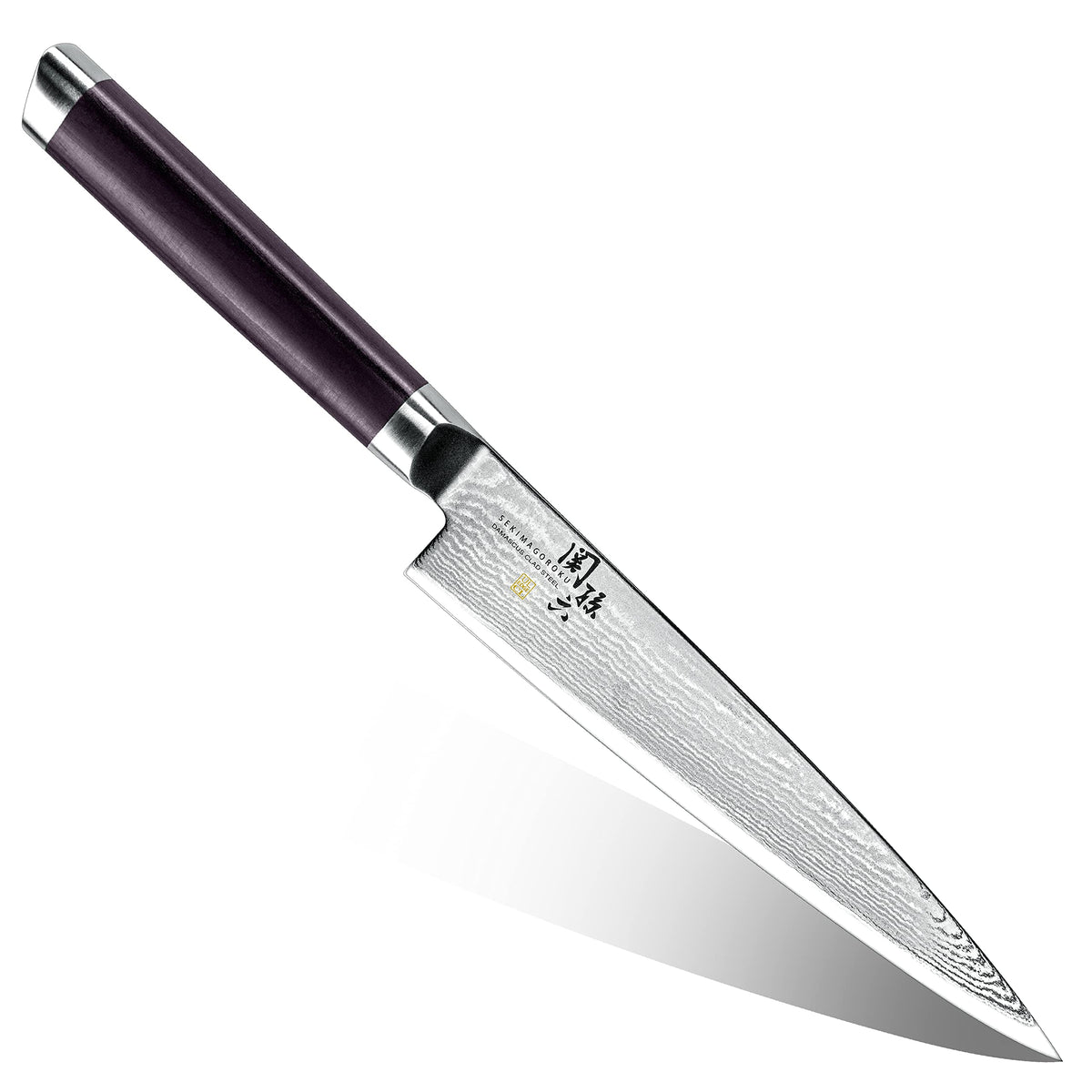 KAI Seki Magoroku Damascus — Petty 150 mm — Full exact knife on white, showing blade profile, layered steel pattern, dark wood handle, steel bolster and endcap; no accessory shown.