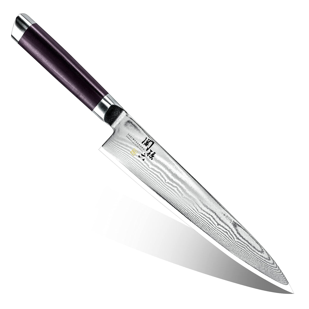 KAI Seki Magoroku Damascus — Gyuto 210 mm — Full exact 210mm gyuto on white, showing complete pointed blade and dark wood handle.