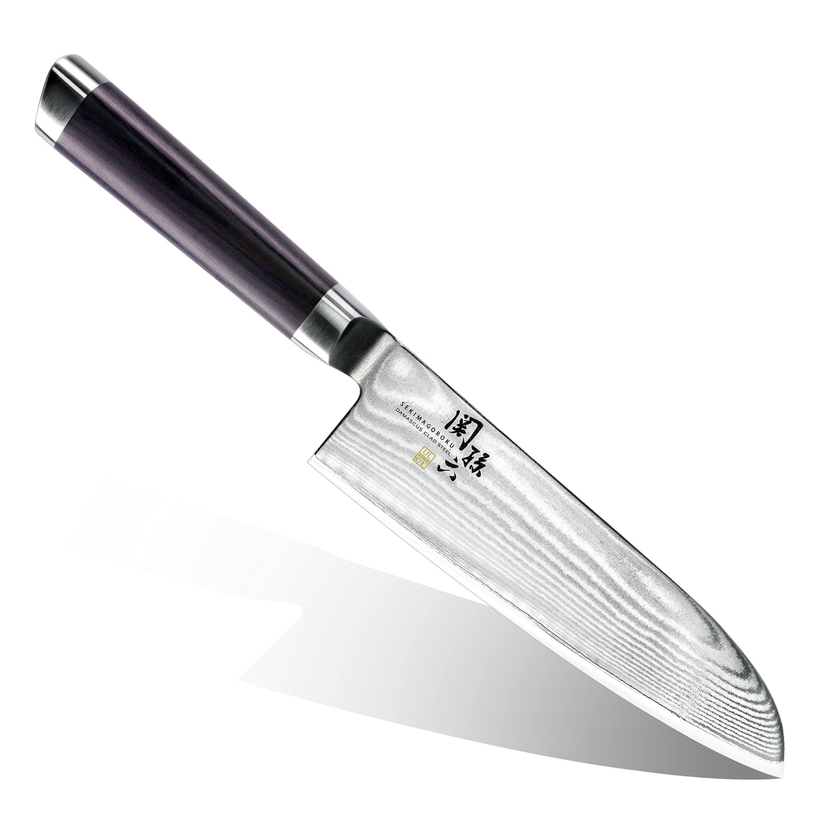 KAI Seki Magoroku Damascus — Santoku 165 mm — Full exact knife on white, showing blade profile, layered steel pattern, dark wood handle, steel bolster and endcap; no accessory shown.