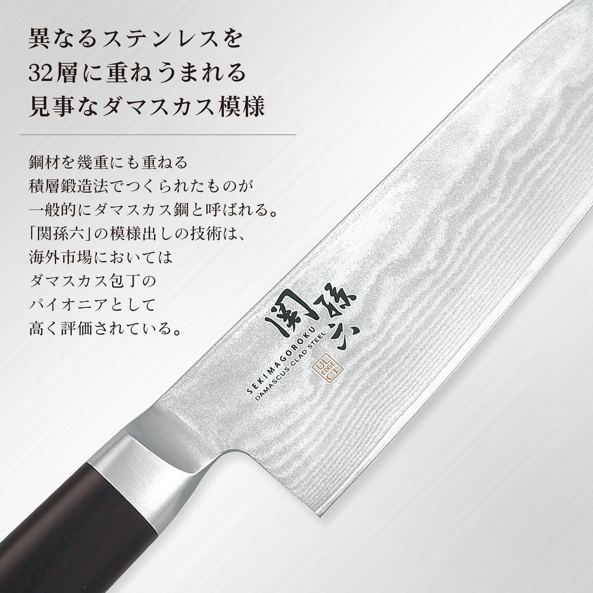 KAI Seki Magoroku Damascus — Petty 120 mm; Petty 150 mm; Gyuto 210 mm; Nakiri 165 mm — Layered steel blade close-up and Damascus explanation.