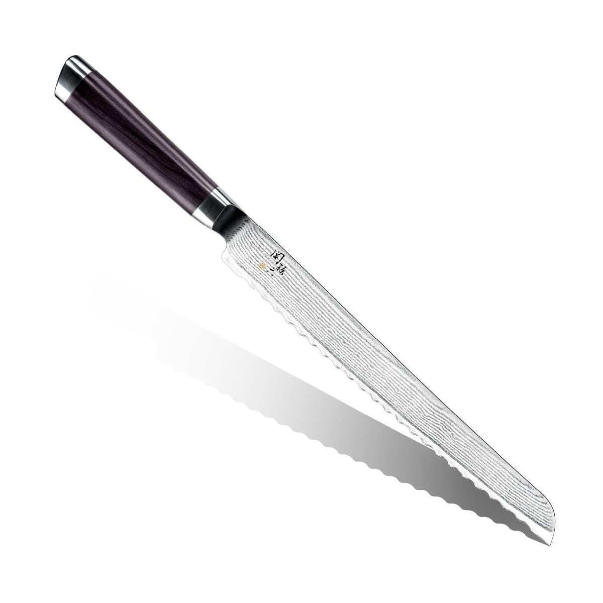KAI Seki Magoroku Damascus — Bread Knife 240 mm — Full exact knife on white, showing blade profile, layered steel pattern, dark wood handle, steel bolster and endcap; no accessory shown.