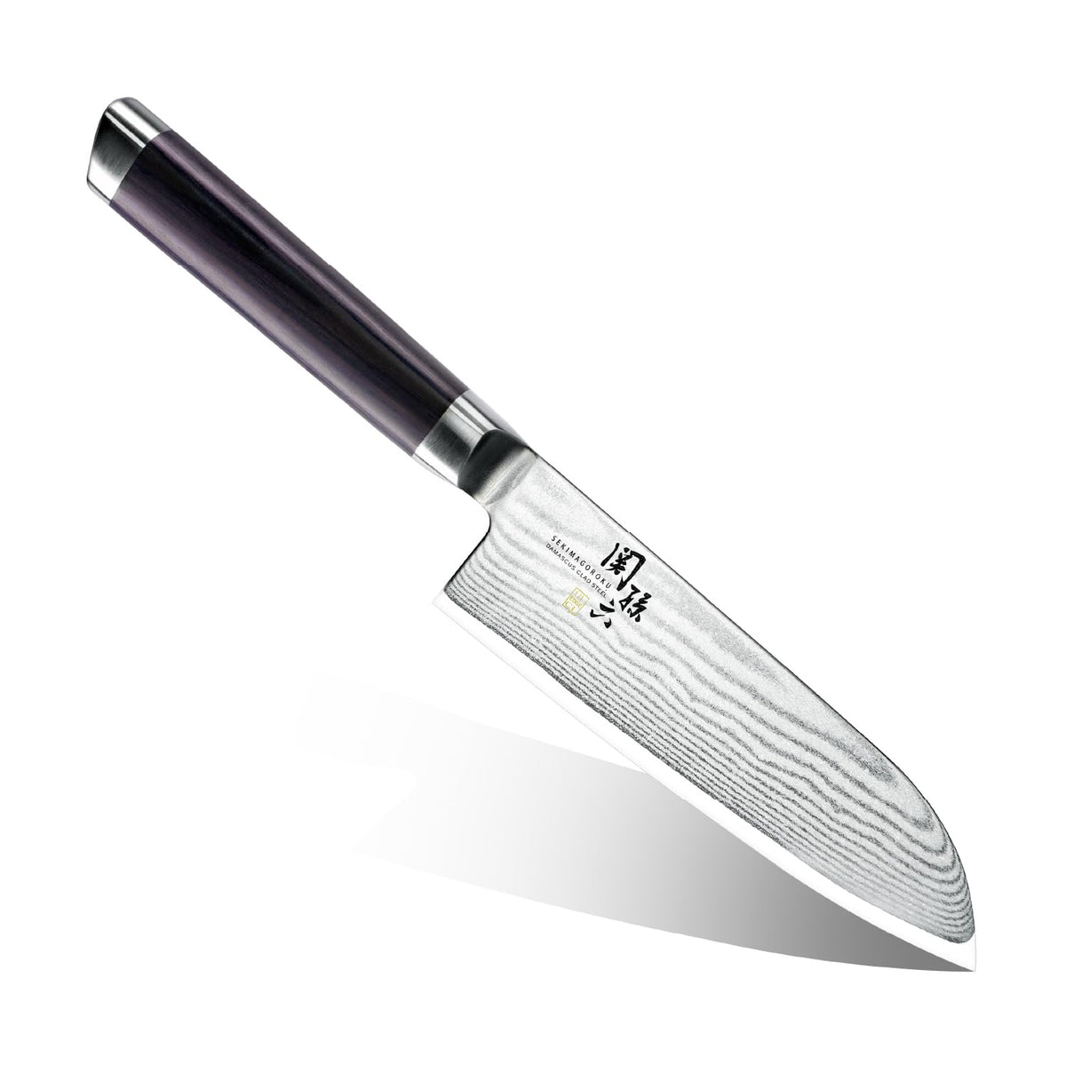 KAI Seki Magoroku Damascus — Small Santoku 145 mm — Full exact knife on white, showing blade profile, layered steel pattern, dark wood handle, steel bolster and endcap; no accessory shown.