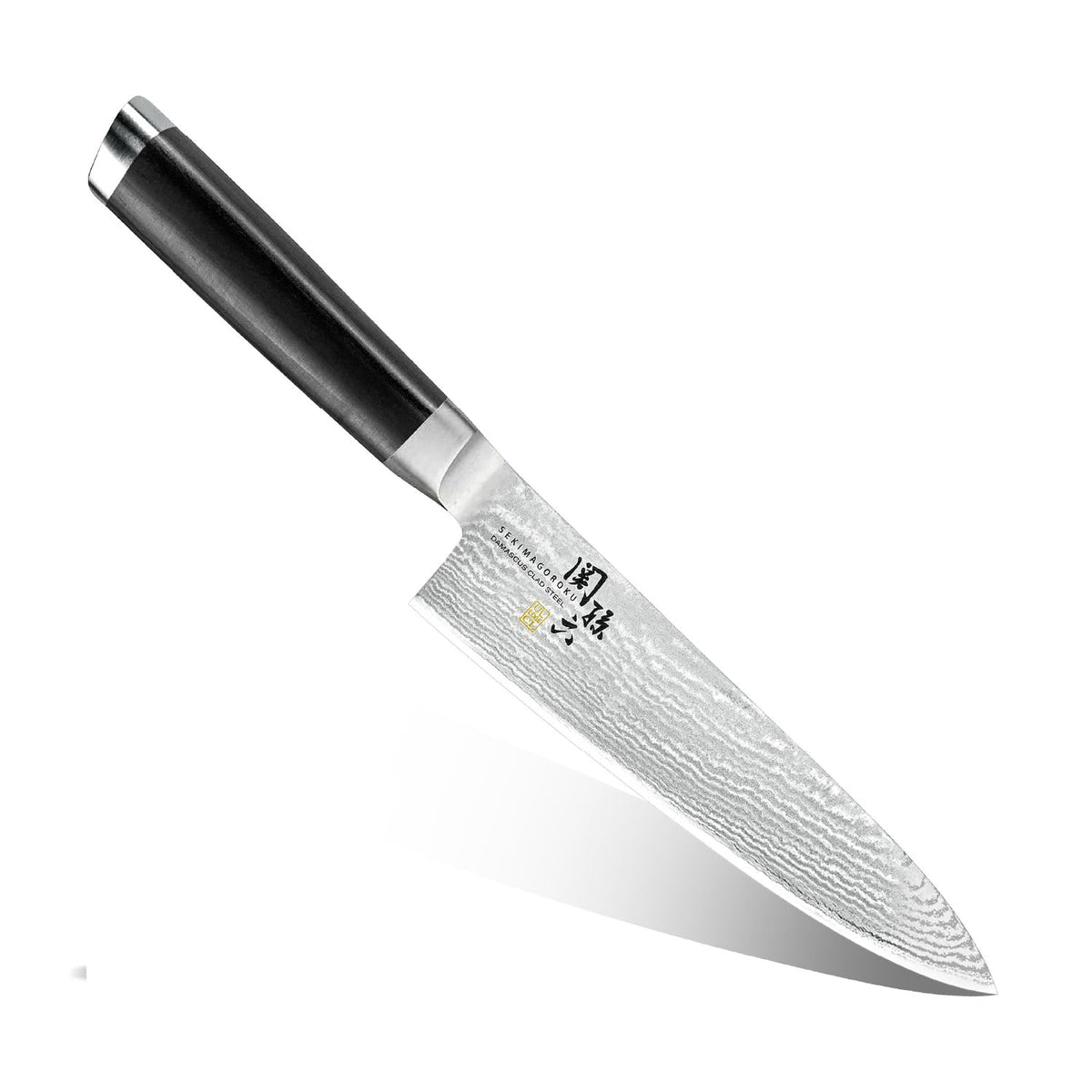 KAI Seki Magoroku Damascus — Gyuto 180 mm — Full exact knife on white, showing blade profile, layered steel pattern, dark wood handle, steel bolster and endcap; no accessory shown.