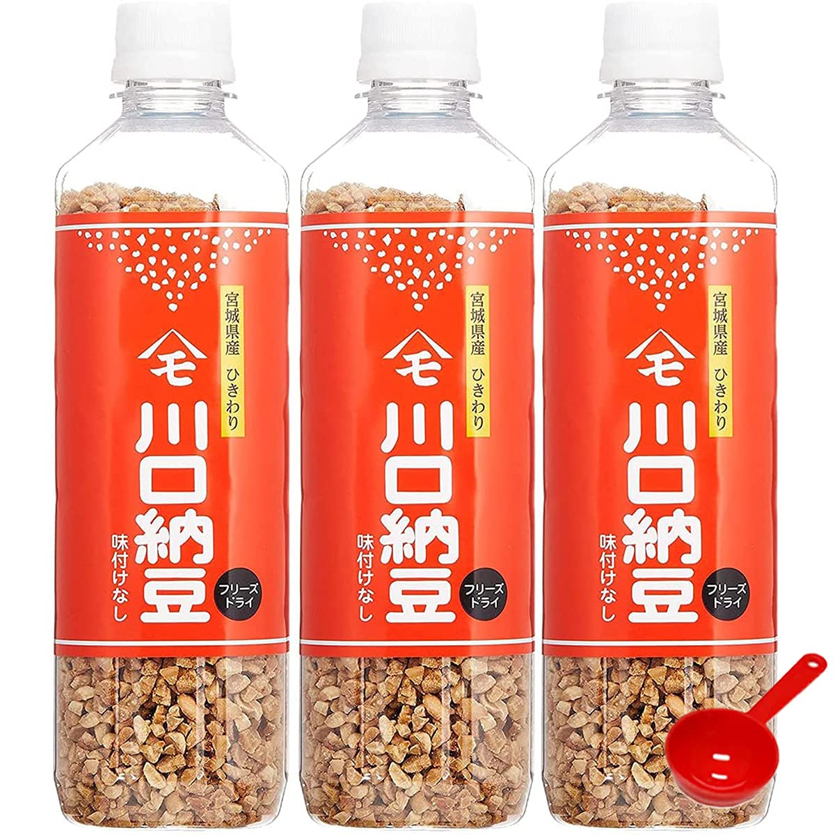 Three180g jars of chopped natto with one measuring spoon