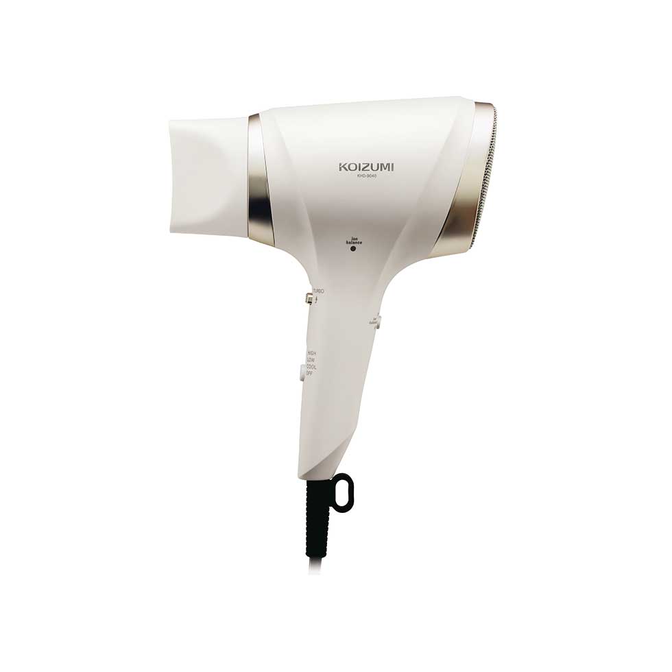 Koizumi KHD-9040 Ion Balance Hair Dryer, 1300 W with 2.3 Cubic Metres per Minute Airflow, 460 g Folding Dryer with Turbo and Cool Switch, AC 100 V Only, Black or White