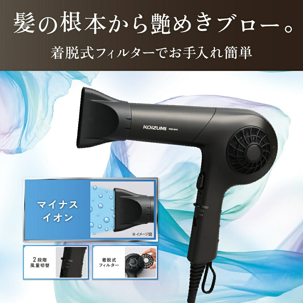 Koizumi KHD-9441 Negative-Ion Hair Dryer, 1200 W with Cool Switch, Wide Slit Nozzle and Washable Removable Filter, Turbo and Set Modes, AC 100 V Only, Dark Grey