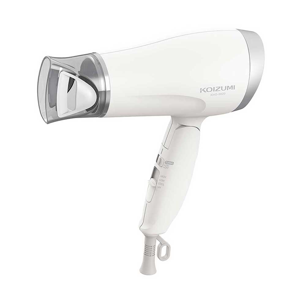 Koizumi KHD-9620 Negative-Ion Hair Dryer, Lightweight 400 g Folding Dryer with Turbo, 1200 W, Cool Air and Power-Up Nozzle, AC 100 V Only, Black or White