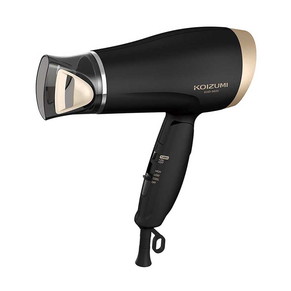Koizumi KHD-9620 Negative-Ion Hair Dryer, Lightweight 400 g Folding Dryer with Turbo, 1200 W, Cool Air and Power-Up Nozzle, AC 100 V Only, Black or White