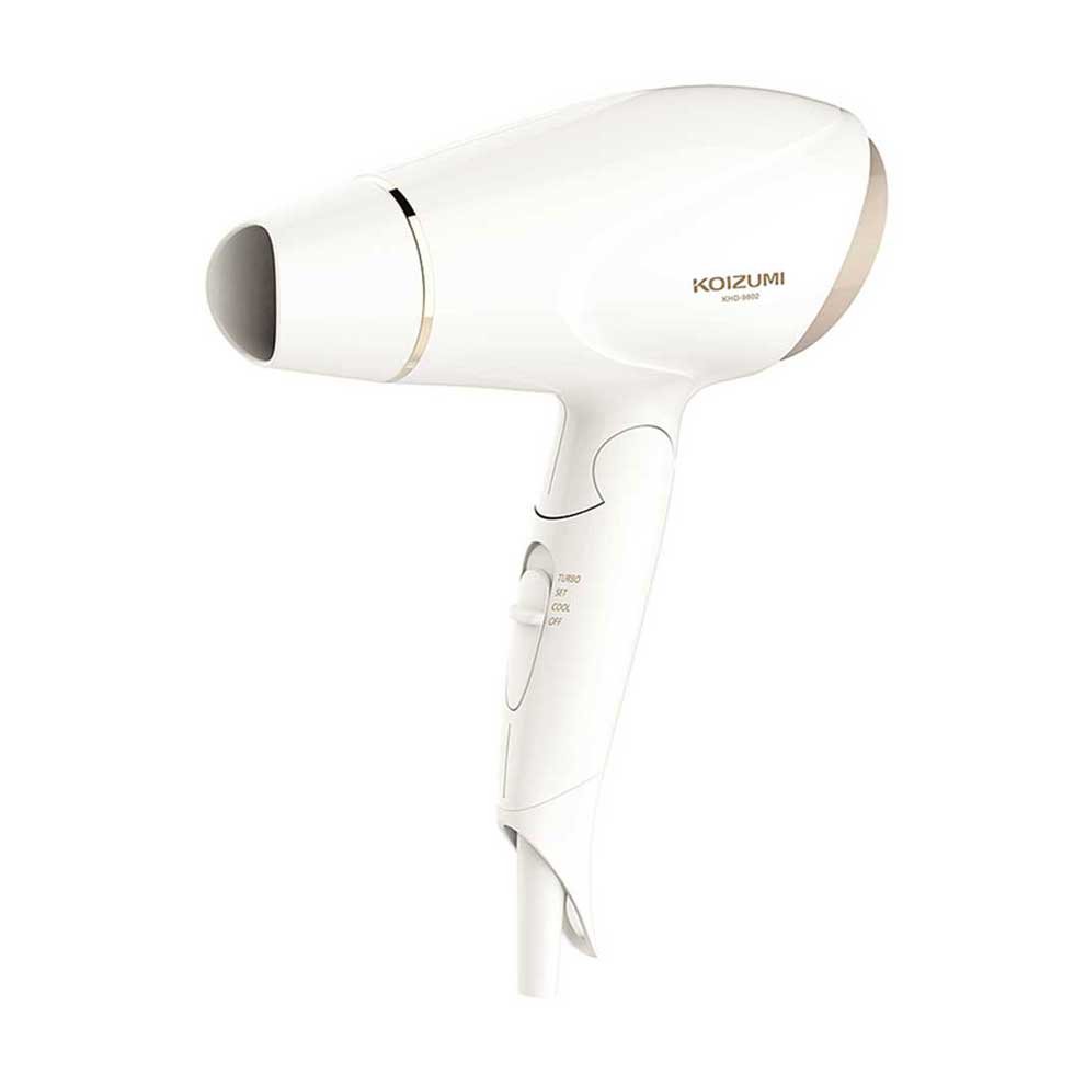 Koizumi KHD-9802 Negative-Ion Hair Dryer, 1200 W with 1.3 Cubic Metres per Minute Airflow, 420 g, Turbo and Set Modes, Cool Air and Mesh Filter, AC 100 V Only, White or Black