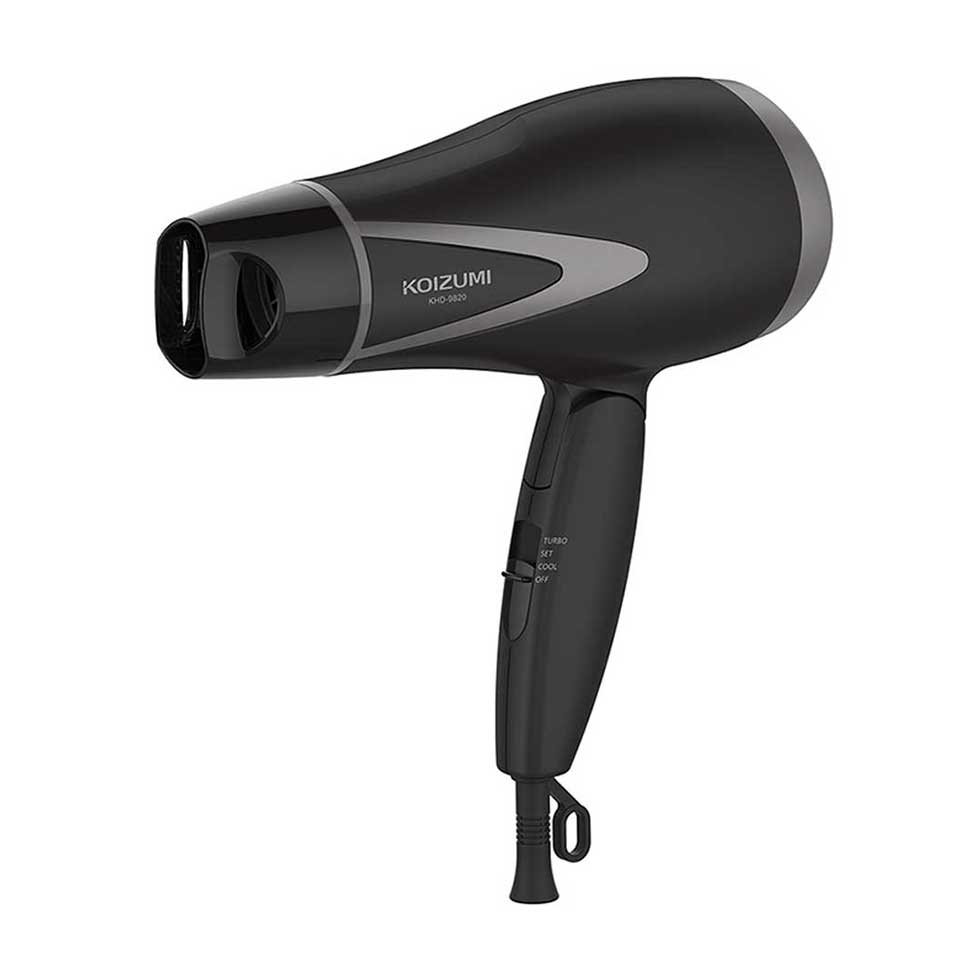 Koizumi KHD-9820 Negative-Ion Hair Dryer, 1200 W with 1.6 Cubic Metres per Minute Airflow, 480 g, Turbo and Set Modes, Cool Air and Power-Up Nozzle, AC 100 V Only, White or Black