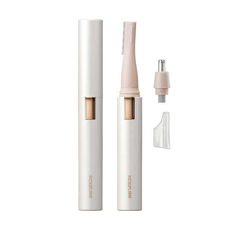 Koizumi KLC-0860 Face Shaver and Nose Trimmer, Battery-Powered 2-Way Pen Shaver with Washable Attachments, Brow Cover and Cap, AA Battery Not Included, White or Pink