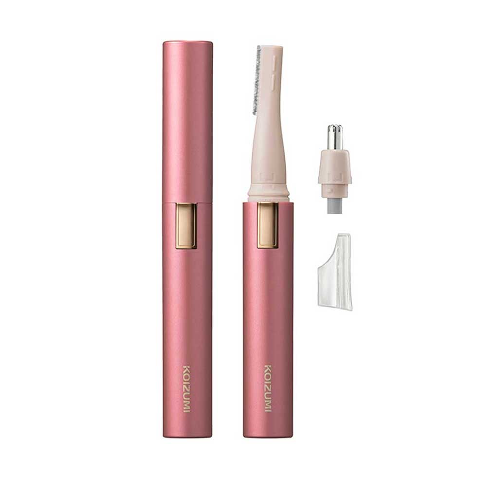 Koizumi KLC-0860 Face Shaver and Nose Trimmer, Battery-Powered 2-Way Pen Shaver with Washable Attachments, Brow Cover and Cap, AA Battery Not Included, White or Pink