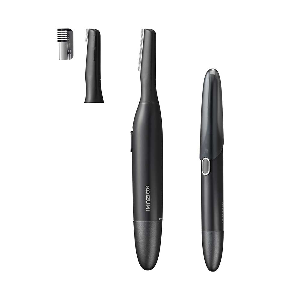 Koizumi KMC-0651 Face and Brow Shaver, Battery-Powered 2-Way Pen Shaver with Washable Attachments, Brow Comb and Cap, AAA Battery Not Included, Grey
