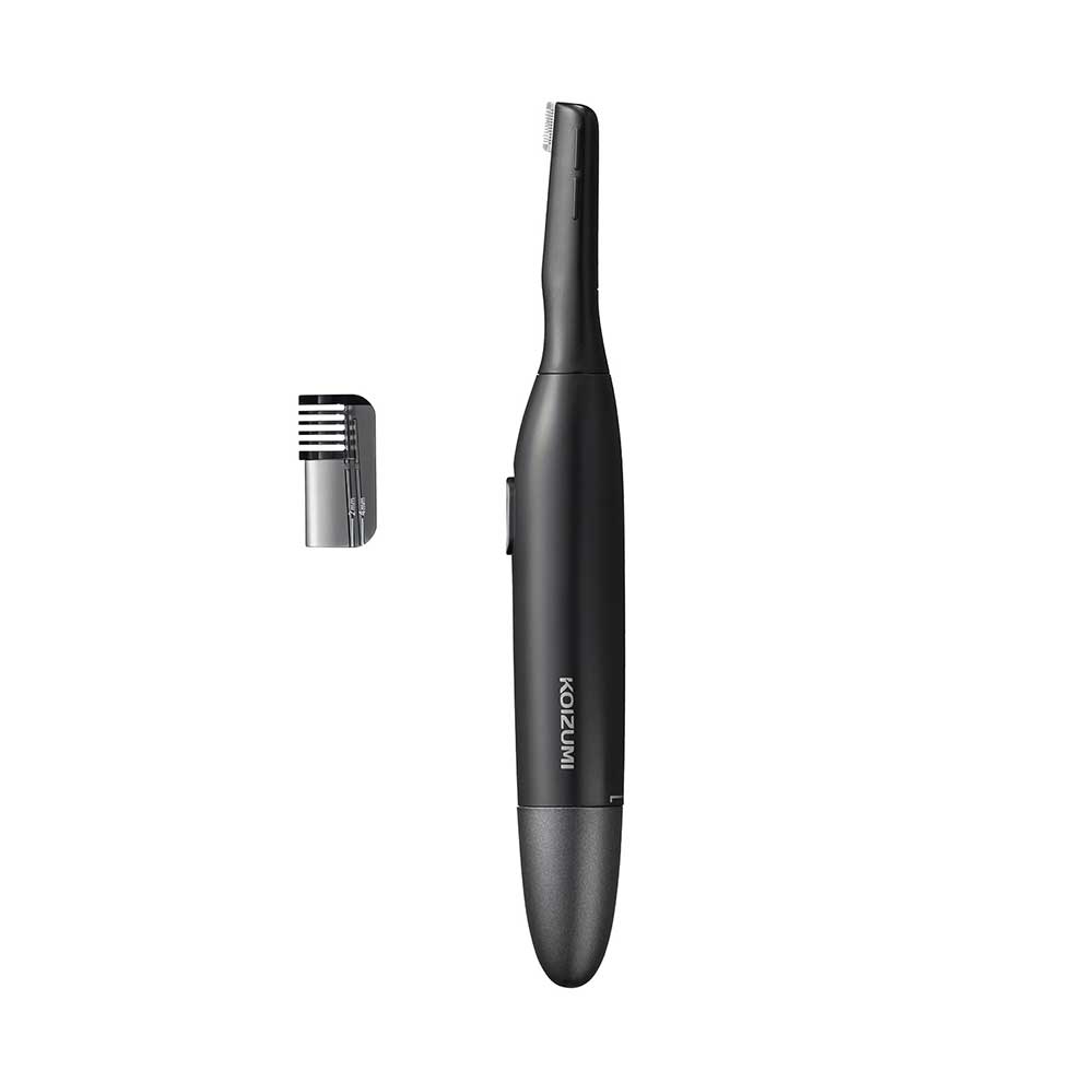 Koizumi KMC-0651 Face and Brow Shaver, Battery-Powered 2-Way Pen Shaver with Washable Attachments, Brow Comb and Cap, AAA Battery Not Included, Grey