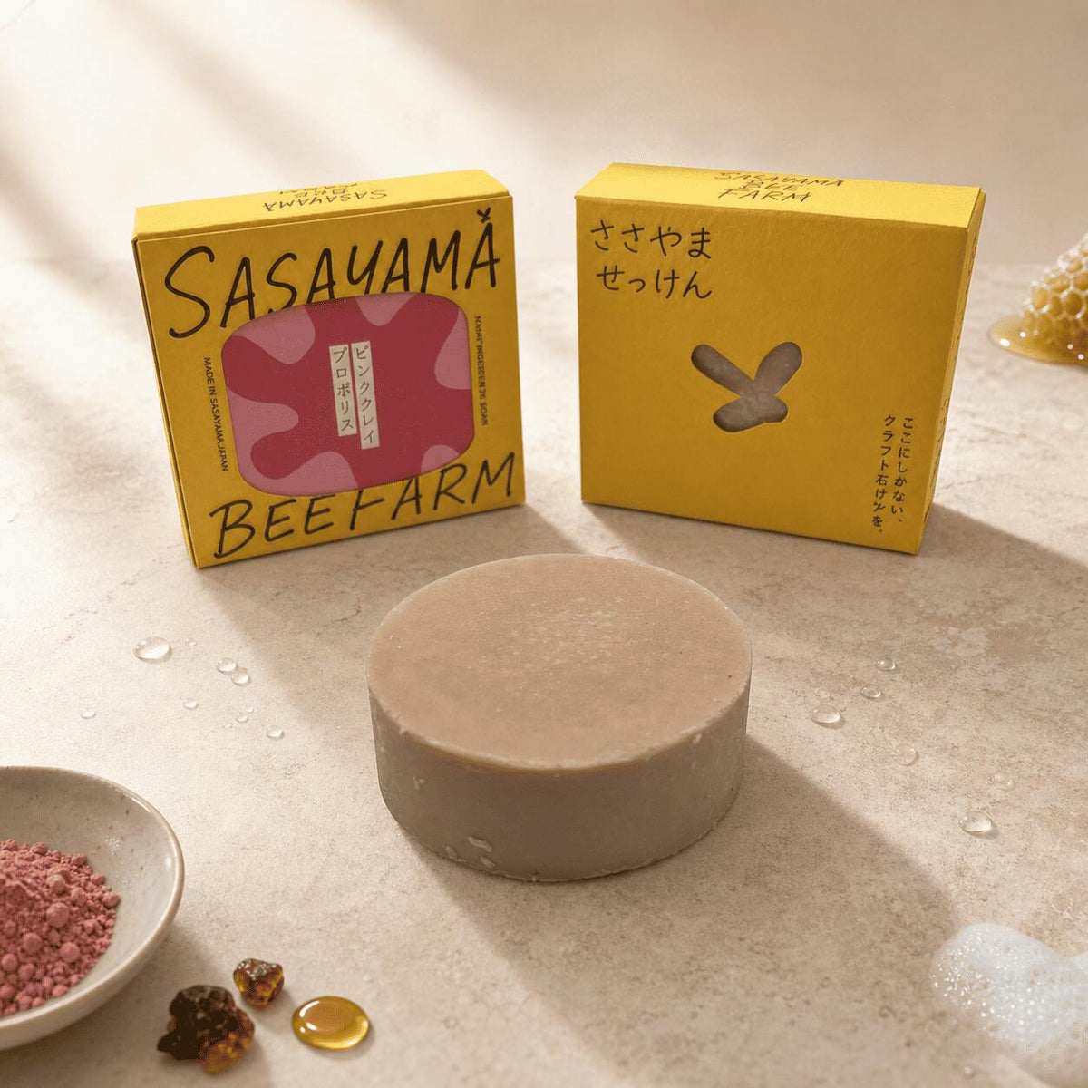 Handmade Cold-Process Soap with Own Honey, Propolis and Shea Butter, 80 g Bar for Face and Body, Honey Propolis, Pink Clay or Bamboo Charcoal, Made in Japan