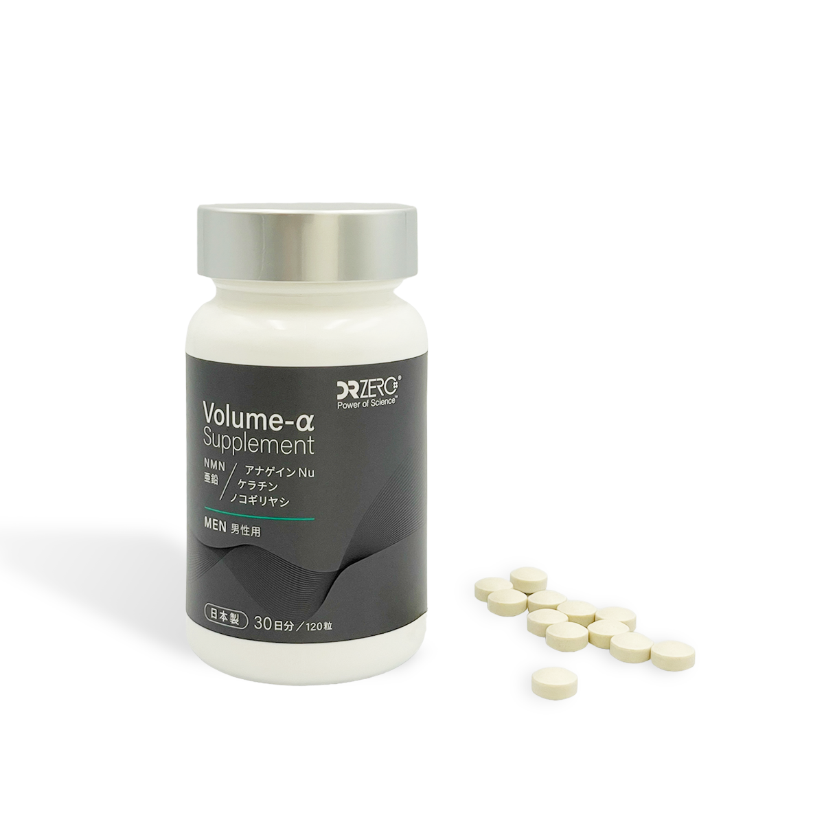 DR ZERO Volume-alpha MEN bottle and tablets